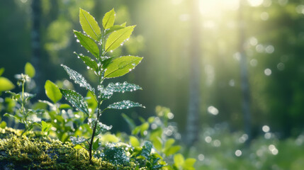 Young tree growing in moss and green nature background