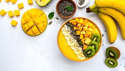 Healthy mango smoothie bowl flat lay with banana, kiwi, and chia seeds. Tropical vegan breakfast, top view on white background with copy space.