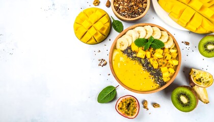 Tropical mango smoothie bowl flat lay with banana, kiwi, and passion fruit. Healthy vegan breakfast top view on white background with chia seeds for diet concepts.