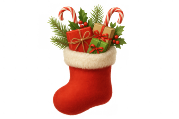 Red christmas stocking overflowing with holiday gifts, candy canes, holly, and pine needles on transparent background