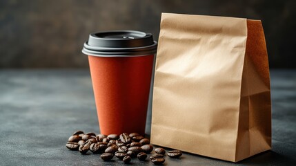 Coffee cup and paper bag on dark surface