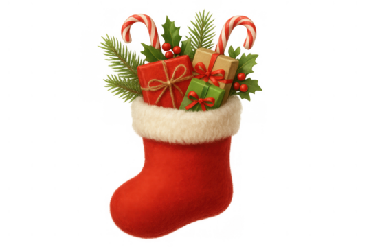 Red christmas stocking overflowing with holiday gifts, candy canes, holly, and pine needles on transparent background