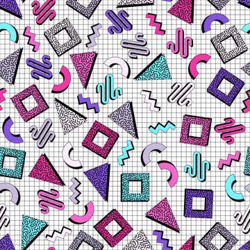 Vintage Sportswear Memphis Grid Doodle Squiggle Shape Repeat Seamless Pattern