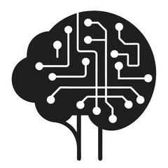 Black silhouette of a brain with integrated circuit pathways isolated on white background isolated on transparent background