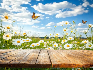 beautiful summer spring meadow with blooming field daisies and fluttering butterflies