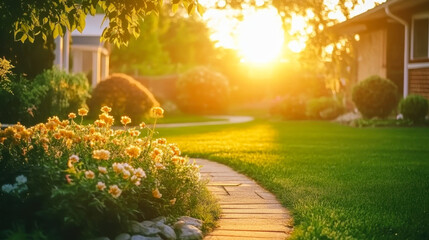 Pathways with green lawns, Landscaping in the garden,Top view of curve walkway on green grass field