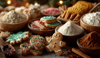 Christmas food. Gingerbread cookies with ingredients for christmas baking
