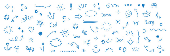 Line arrow, star, heart cute icon elements. Hand drawn sketch heart, arrow, star, flower decoration symbols. Simple sketch line style emphasis, attention, graphic elements. Vector illustration