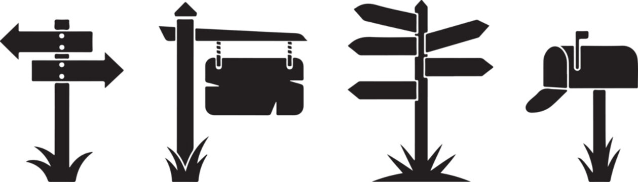 Road Sign Set Symbol Vector Showing Directional Guidance with Arrows and Signpost in Various Styles for Orientation
