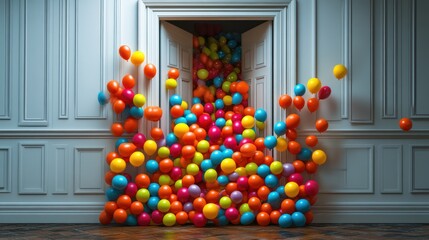 Colorful balloons spilling from open doorway in elegant room. Possible use Stock photo for party, celebration, or event