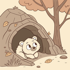 Adorable bear cub is looking out from a cozy den in the autumn forest © rem