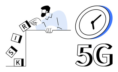 Man pushing stacked blocks spelling risk, large clock symbolizing time, and digit 5G for technology. Ideal for decision making, efficiency, digital innovation, time management, network evolution
