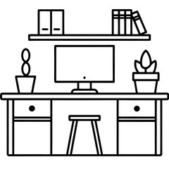 Minimalist workspace with desk, computer, plants, and bookshelf