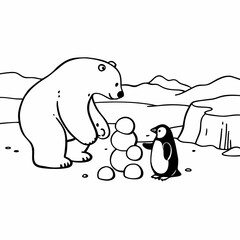 Polar bear and penguin build a snowman on a snowy day, black and white