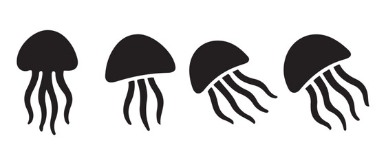 Black Jellyfish Silhouette Icons. Minimal Marine Life Vector Set. © CreatetiveDesignX