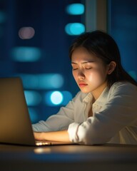 Exhausted Asian Woman Working Late