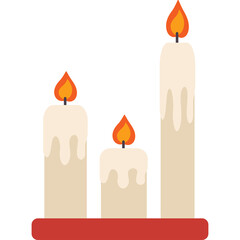 Three tall white candles with orange flames burning and melting wax drips on a red stand with a transparent background