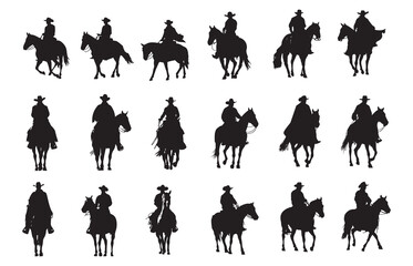 Silhouette of a cowboy on a horse. A cowboy wearing a hat, riding a horse, a stance, and an open landscape. Classical fine art.