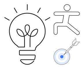 Lightbulb signifies ideas, figure in motion represents action, and dart hitting target illustrates goal focus. Ideal for innovation, achievement, creativity, strategy, planning, motivation