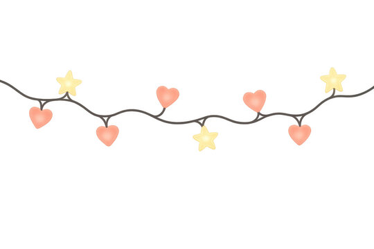 Heart and star string lights illustration, celebrating love, romance, holidays, party, wedding, or valentine's day