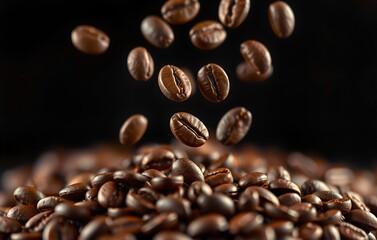 Obraz premium Rich, dark coffee beans cascading mid-air against a deep black backgroundcapturing the moment of freshness and aroma in vivid detail.