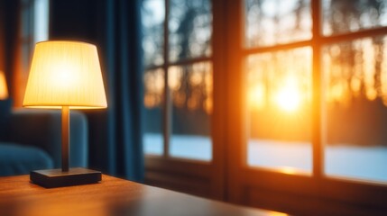 Warm lamp glowing by window with winter sunset outside, cozy evening mood