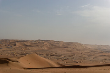 A vast, sweeping landscape of interlocking golden sand dunes stretching to the horizon, with a faint desert road visible in the distance