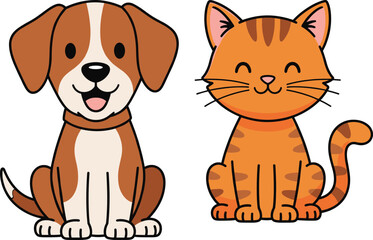 Cute cartoon dog and cat sitting together, friendly pet animals illustration, adorable companions, vector art for kids, nursery, pet-themed content