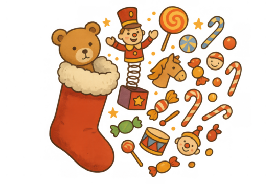 Christmas stocking filled with teddy bear and traditional holiday toys, treats, sweets, candies, and festive stars on transparent background - Powered by Adobe