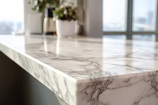 Polished stone countertop surface exhibits natural veining near a sunlit window view