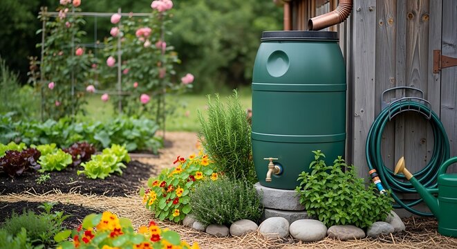 Green Rain Barrel in Garden with Plants and Hose for Water Conservation.
