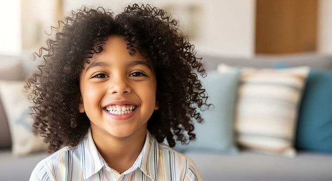 Cheerful Kid in Striped Shirt Grinning Wide - Powered by Adobe