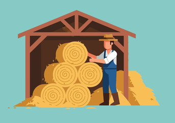 Farmer stacking round hay bales inside an opensided wooden shed
