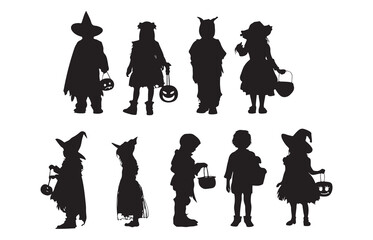 Silhouette of a child in a Halloween costume trick-or-treating. Pumpkins decorate the scene. Halloween fun with costumes and pumpkins. Halloween celebration image.