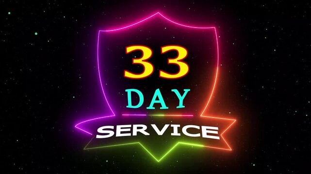 Neon Light Badge 33 Day Service Motion Graphic Glowing Frame Isolated Black Background
