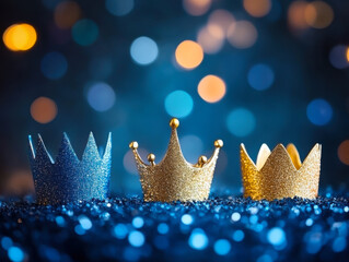 Happy Epiphany Day, Three Kings Day greeting card with three gold crowns on blue background