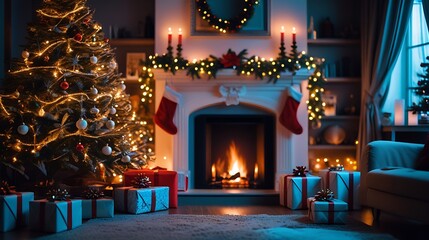 Cozy christmas living room fireplace tree wallpaper images