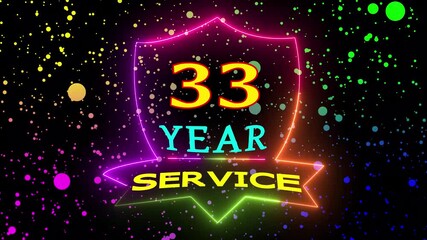 Neon 33 Year Service Anniversary Badge with Colorful Confetti Rain Dynamic Motion Background
