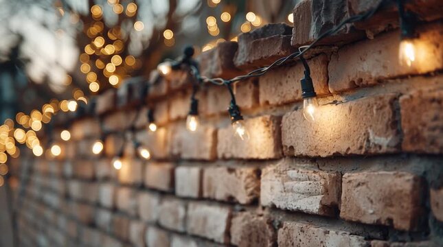 String lights adorn a weathered brick wall creating a warm and inviting ambiance outdoors near buildings