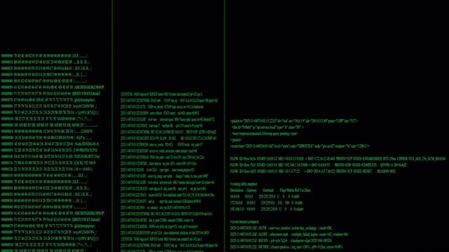 Scrolling Green Code Hacker Terminal Interface. System Logs and Hex Dumps on a Black Background