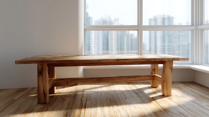 Fototapeta premium Wooden Table Interior with Large Window and Cityscape Background
