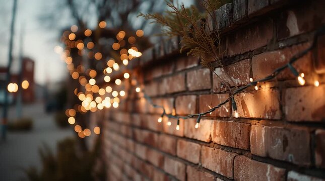 A brick wall adorned with string lights creating a warm and festive atmosphere in an urban setting