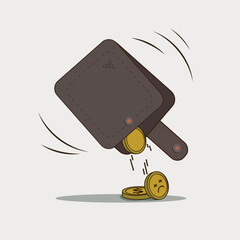 Creative vector illustration of a wallet with coins falling out, featuring a sad-faced coin symbolizing loss of money or financial struggle