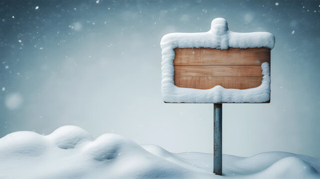 A wooden sign covered in snow stands in a snowy landscape with falling snow and a light blue background