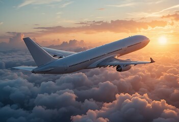 Fototapeta premium Commercial Airplane Flying Above Clouds During Vibrant Sunset or Sunrise