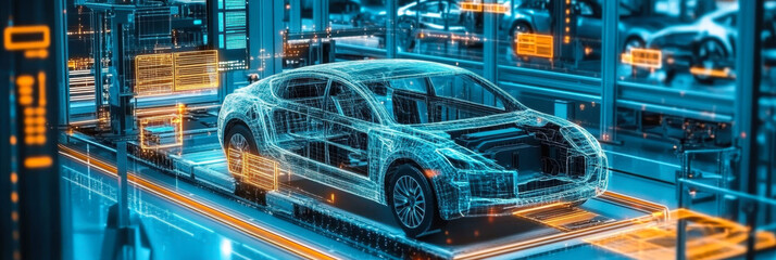 Car Factory 3D Render: Automated Robot Arm Assembly Line Manufacturing High-Tech Green Energy Electric Vehicles. Automatic Construction