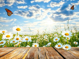 beautiful summer spring meadow with blooming field daisies and fluttering butterflies