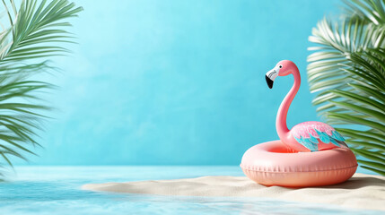 summer sea beach and island with beach chair,umbrella,ball,Inflatable flamingo,cloud,sandals