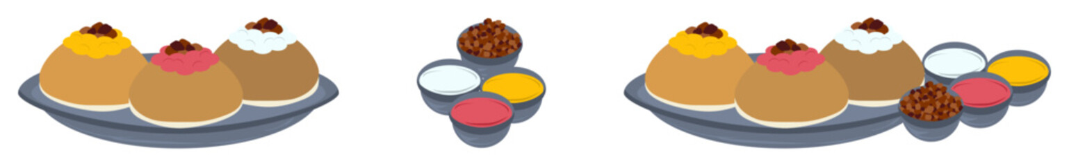 Isolated vector cartoonish food dishes with ingredients for icing bun and sweets