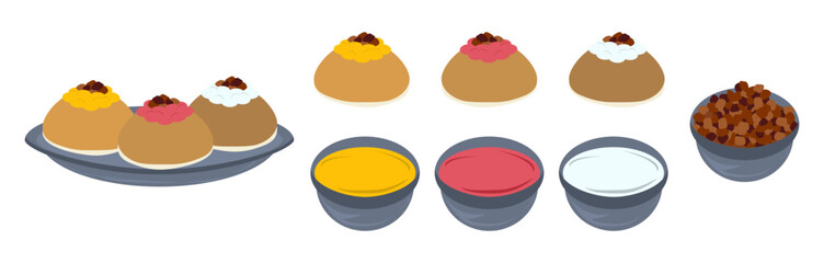 Isolated vector cartoonish food dishes with ingredients for icing bun and sweets
